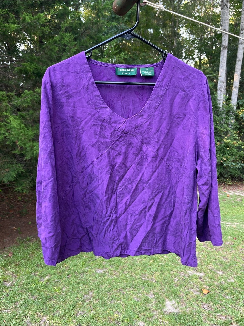 Lemon Grass Studio Purple Silk-blend V-Neck 3/4 Sleeve Top